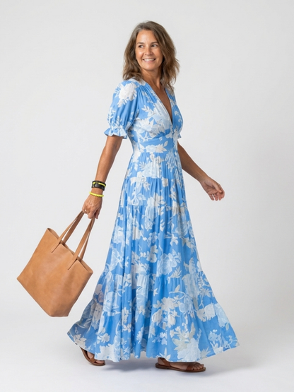Ione | Robe midi à fleurs à manches courtes et décolleté en V