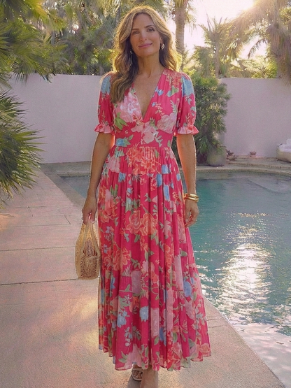 Ione | Robe midi à fleurs à manches courtes et décolleté en V