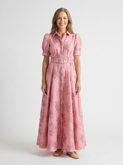 Xanthea | Robe Chemise Maxi à Manches Courtes avec Ceinture Florale Texturée