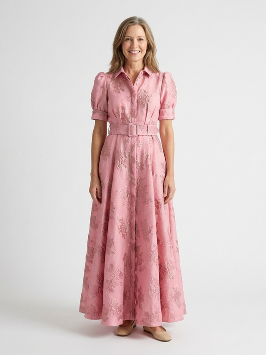 Xanthea | Robe Chemise Maxi à Manches Courtes avec Ceinture Florale Texturée