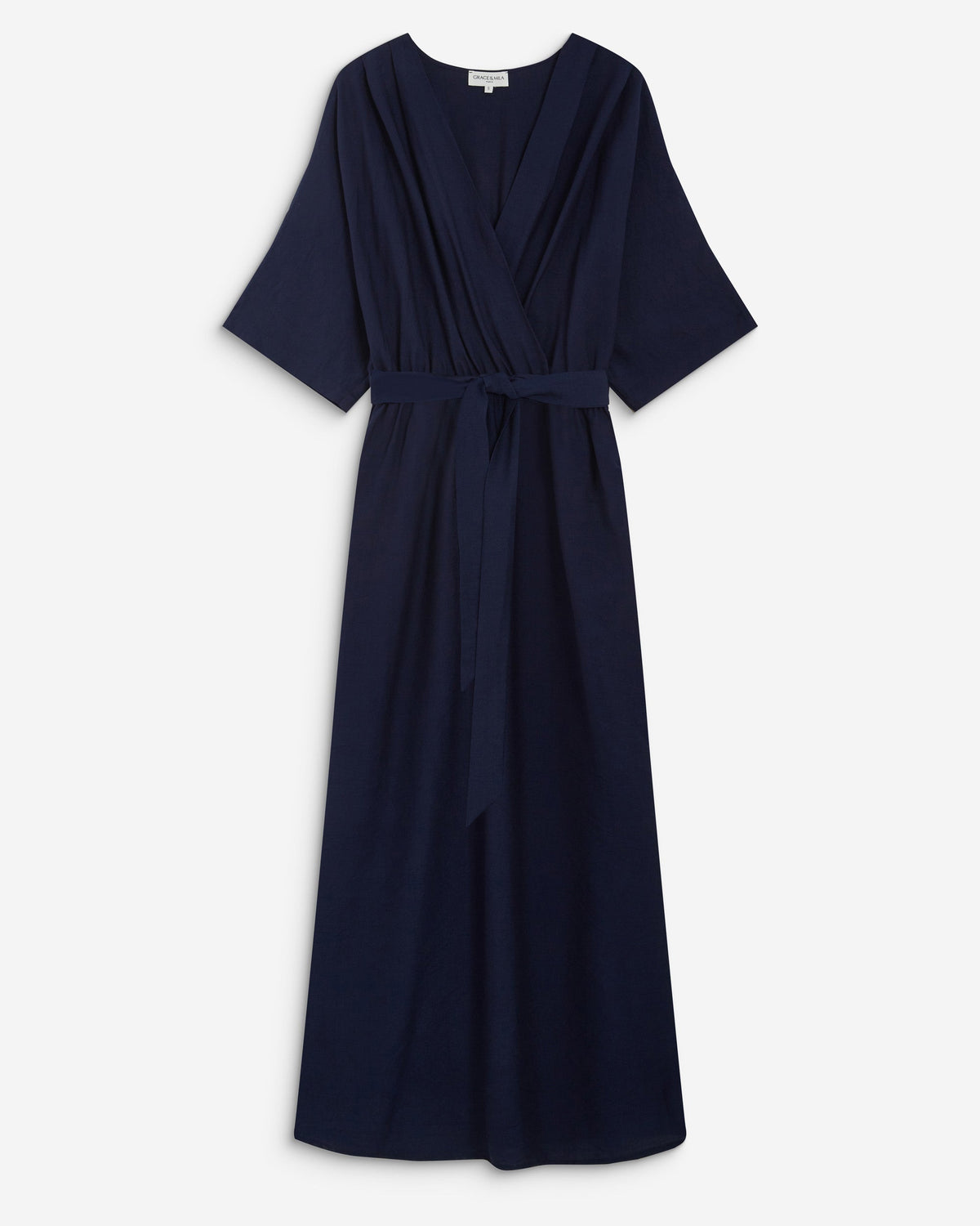 Robe longue évasée col V croisé marine Amelia