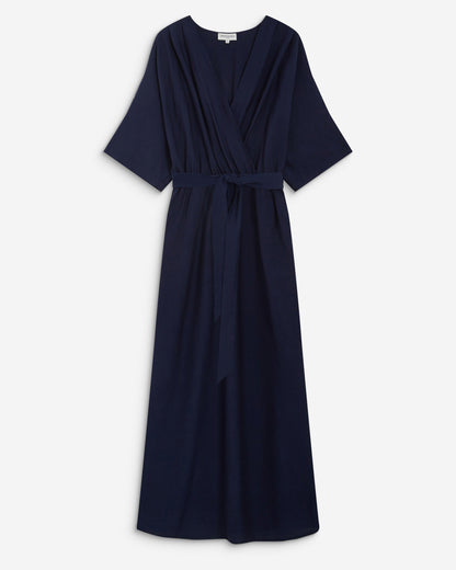 Robe longue évasée col V croisé marine Amelia