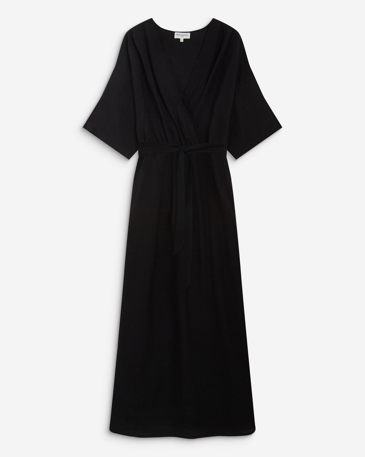 Robe longue évasée col V croisé noir Amelia
