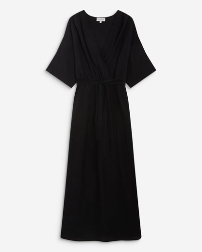 Robe longue évasée col V croisé noir Amelia