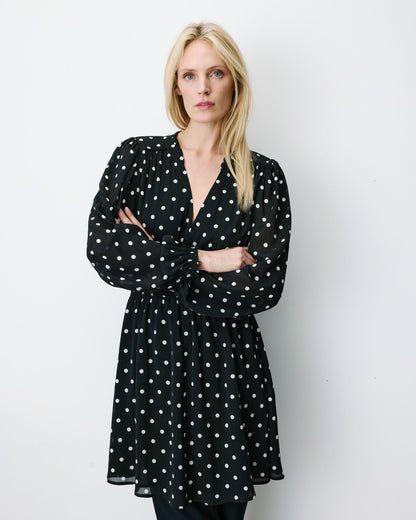 Robe courte fluide manches longues bouffantes pois Ailona