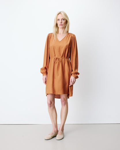 Robe courte col V manches bouffantes camel Alienor