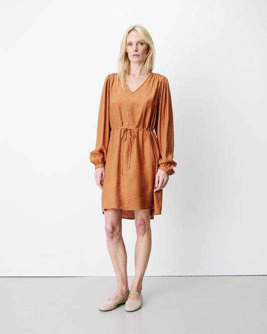 Robe courte col V manches bouffantes camel Alienor