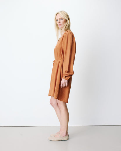 Robe courte col V manches bouffantes camel Alienor