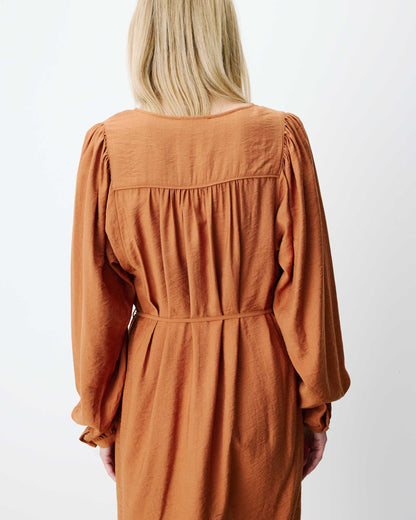 Robe courte col V manches bouffantes camel Alienor