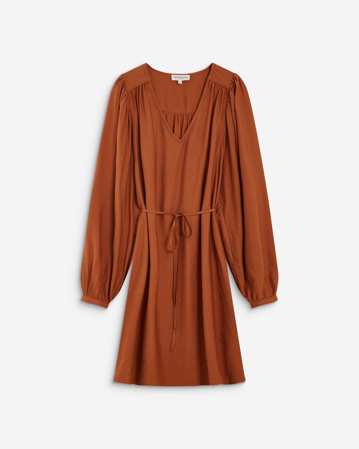 Robe courte col V manches bouffantes camel Alienor