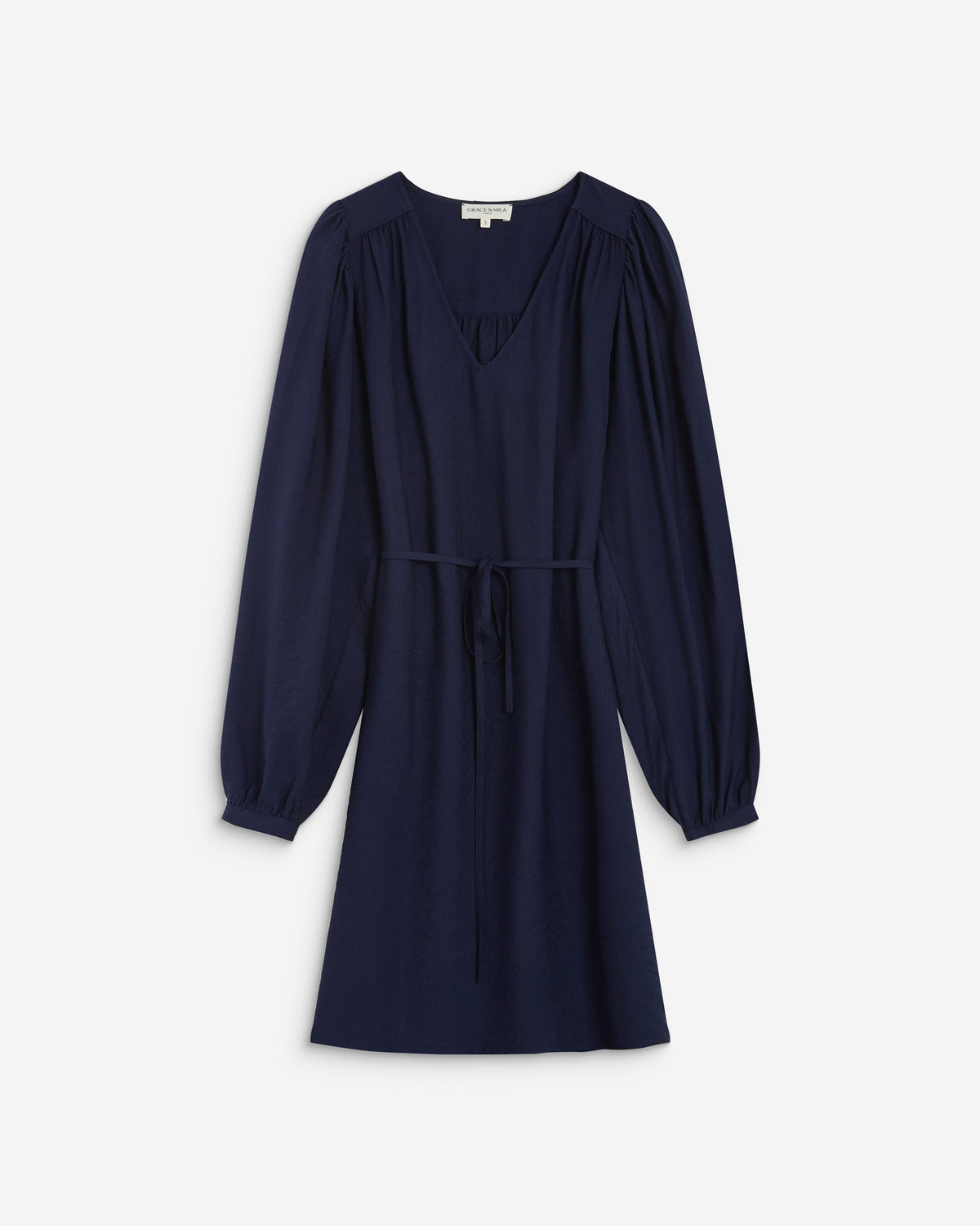 Robe courte col V manches bouffantes marine Alienor
