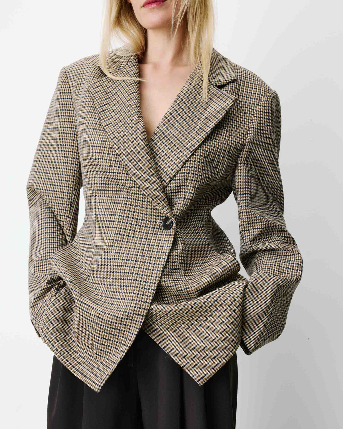 Blazer cintré croisé pied-de-poule beige Almond