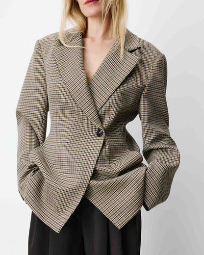 Blazer cintré croisé pied-de-poule beige Almond