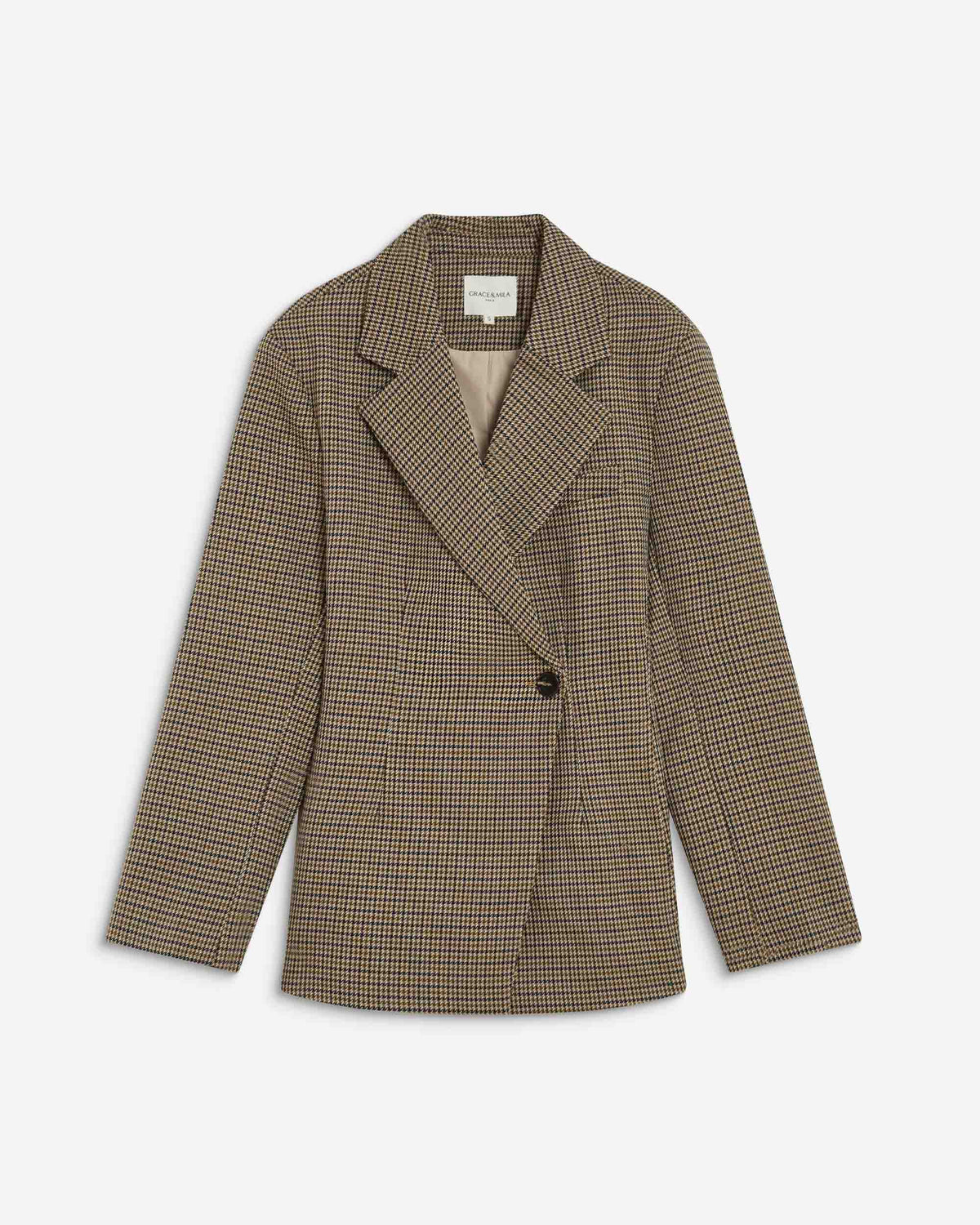 Blazer cintré croisé pied-de-poule beige Almond