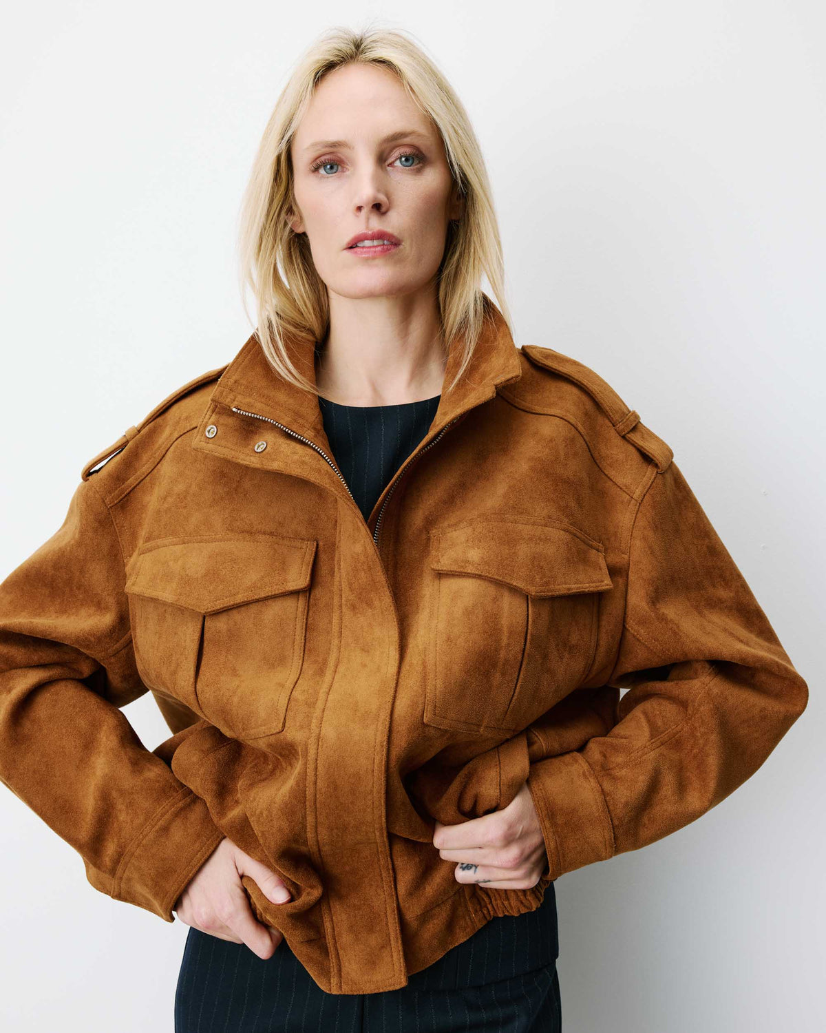 Veste oversize suédine col montant camel Arielle