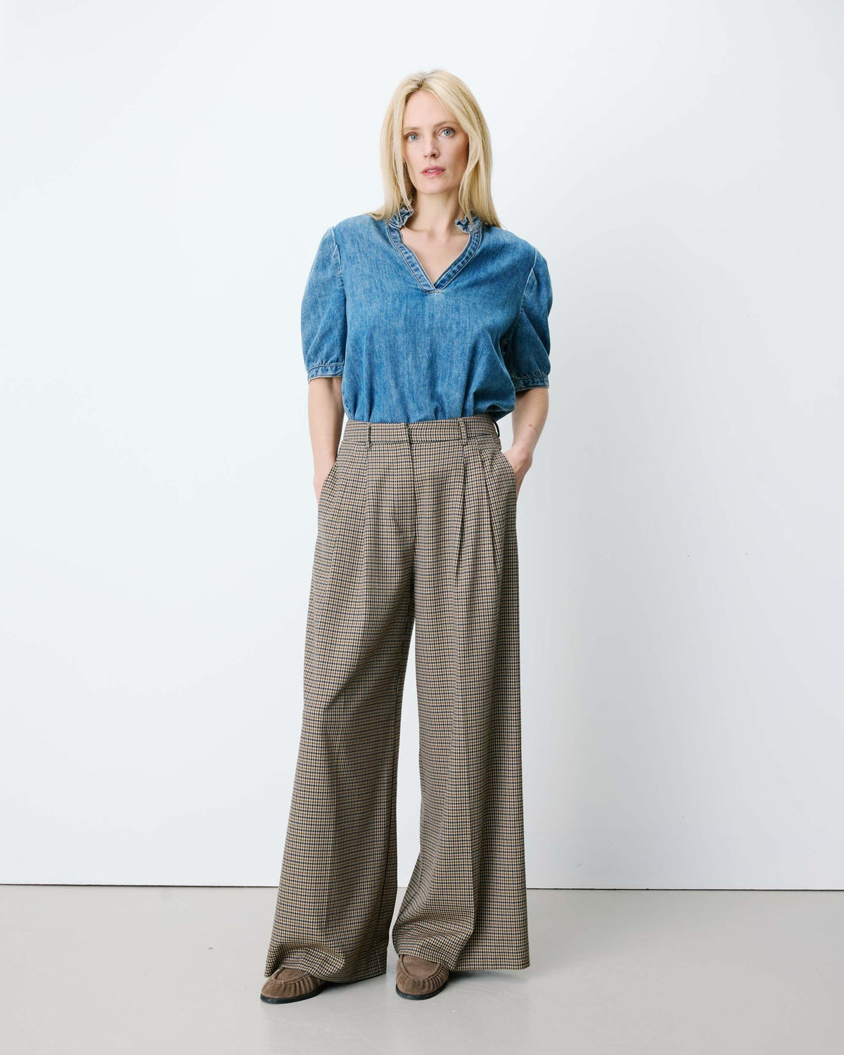 Pantalon tailleur ample pied-de-poule beige Ayen