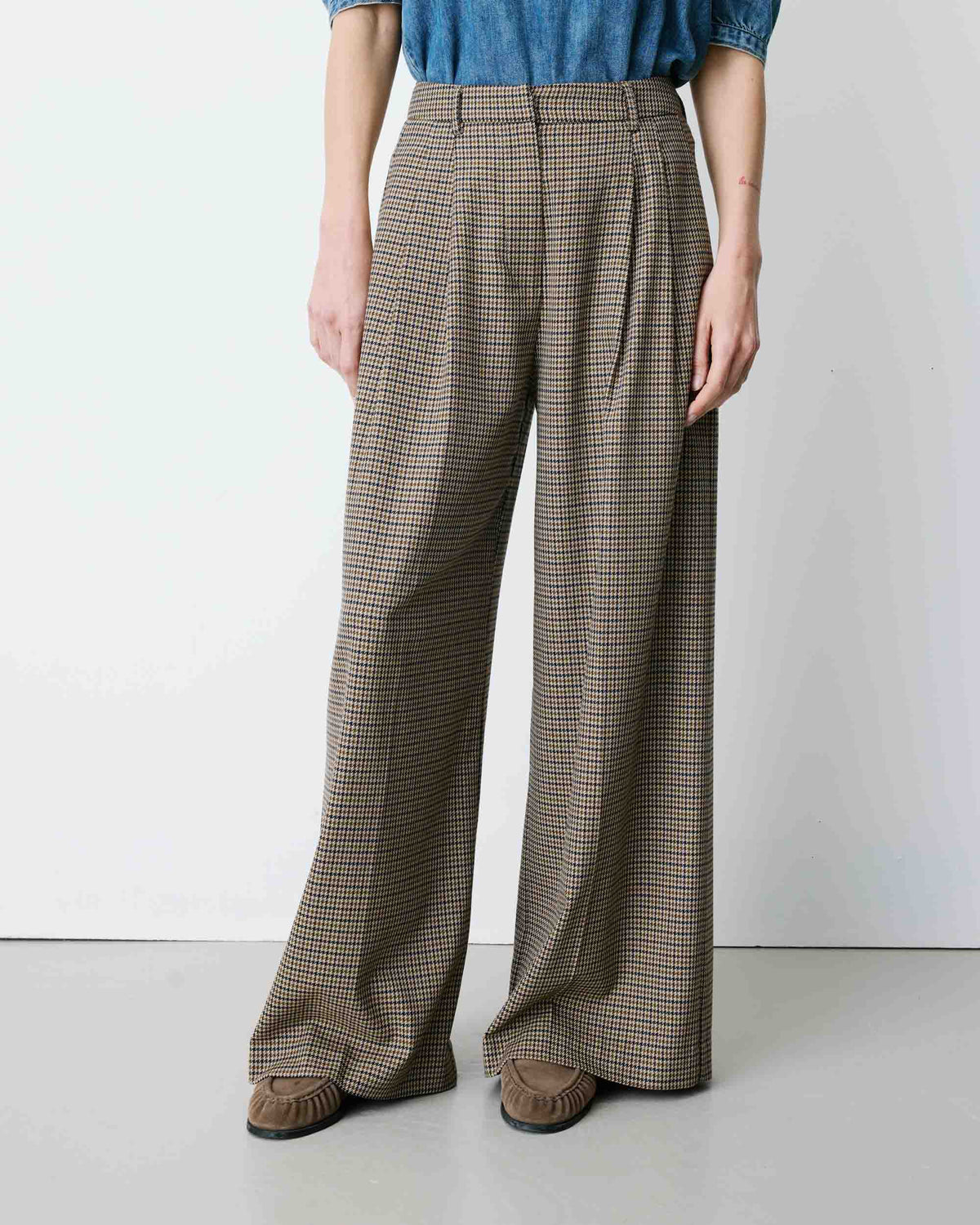 Pantalon tailleur ample pied-de-poule beige Ayen