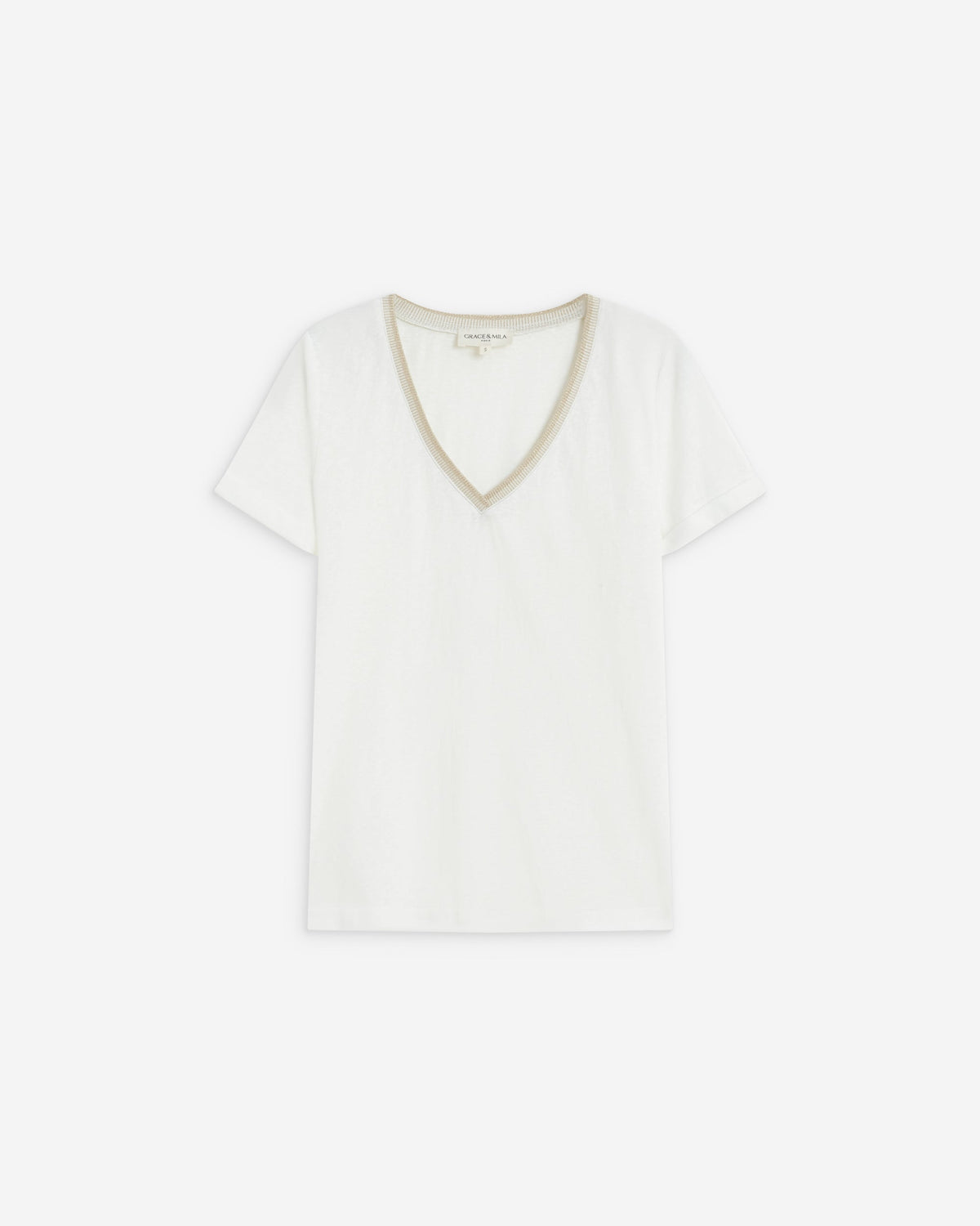 T-shirt manches courtes col V contrasté ivoire Aurelien