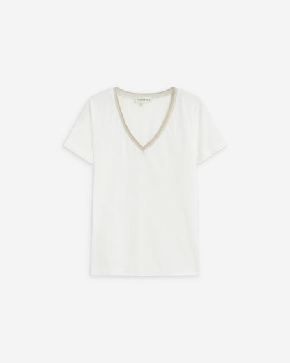 T-shirt manches courtes col V contrasté ivoire Aurelien