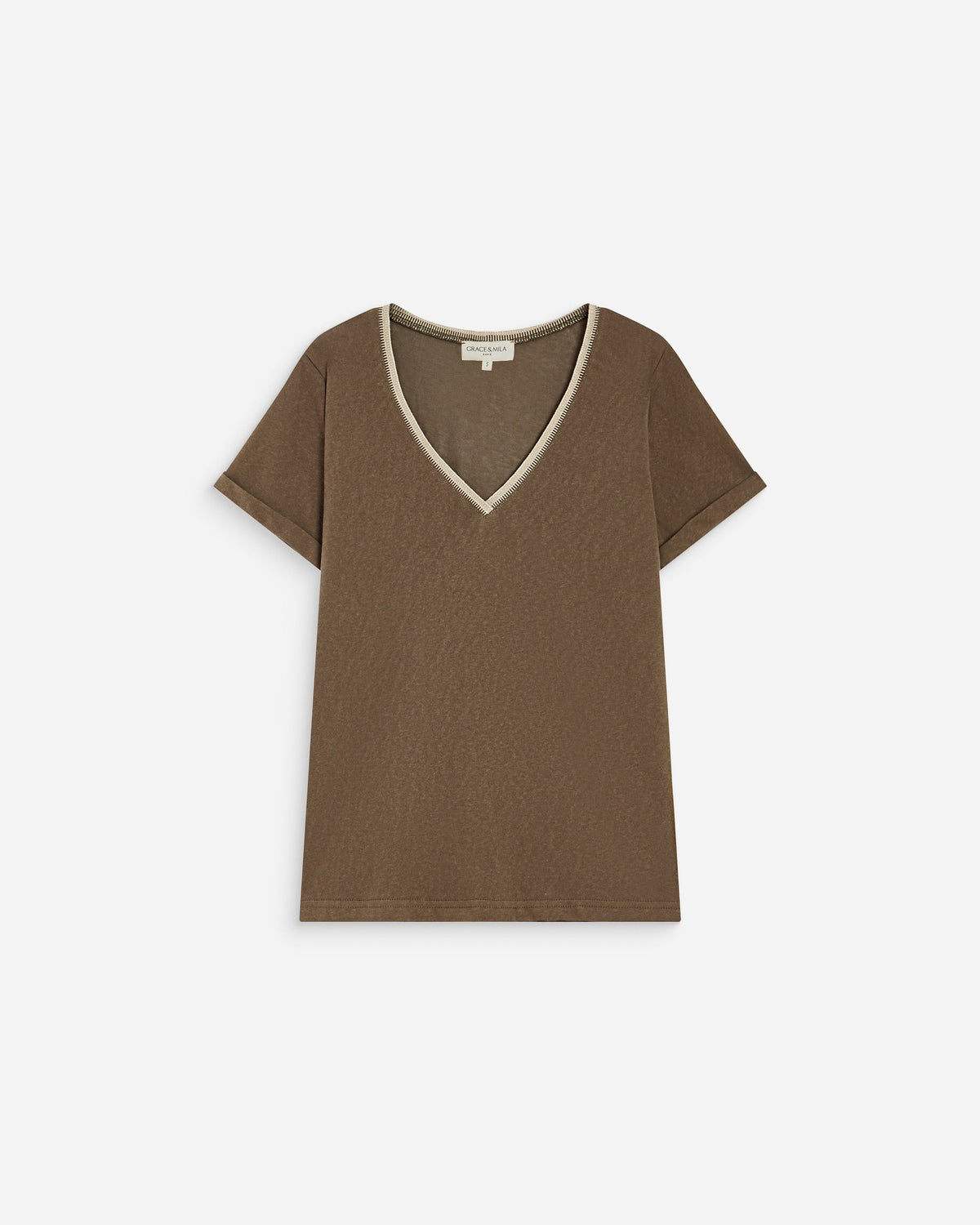 T-shirt manches courtes col V contrasté kaki Aurelien