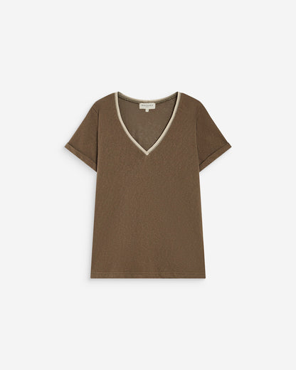 T-shirt manches courtes col V contrasté kaki Aurelien