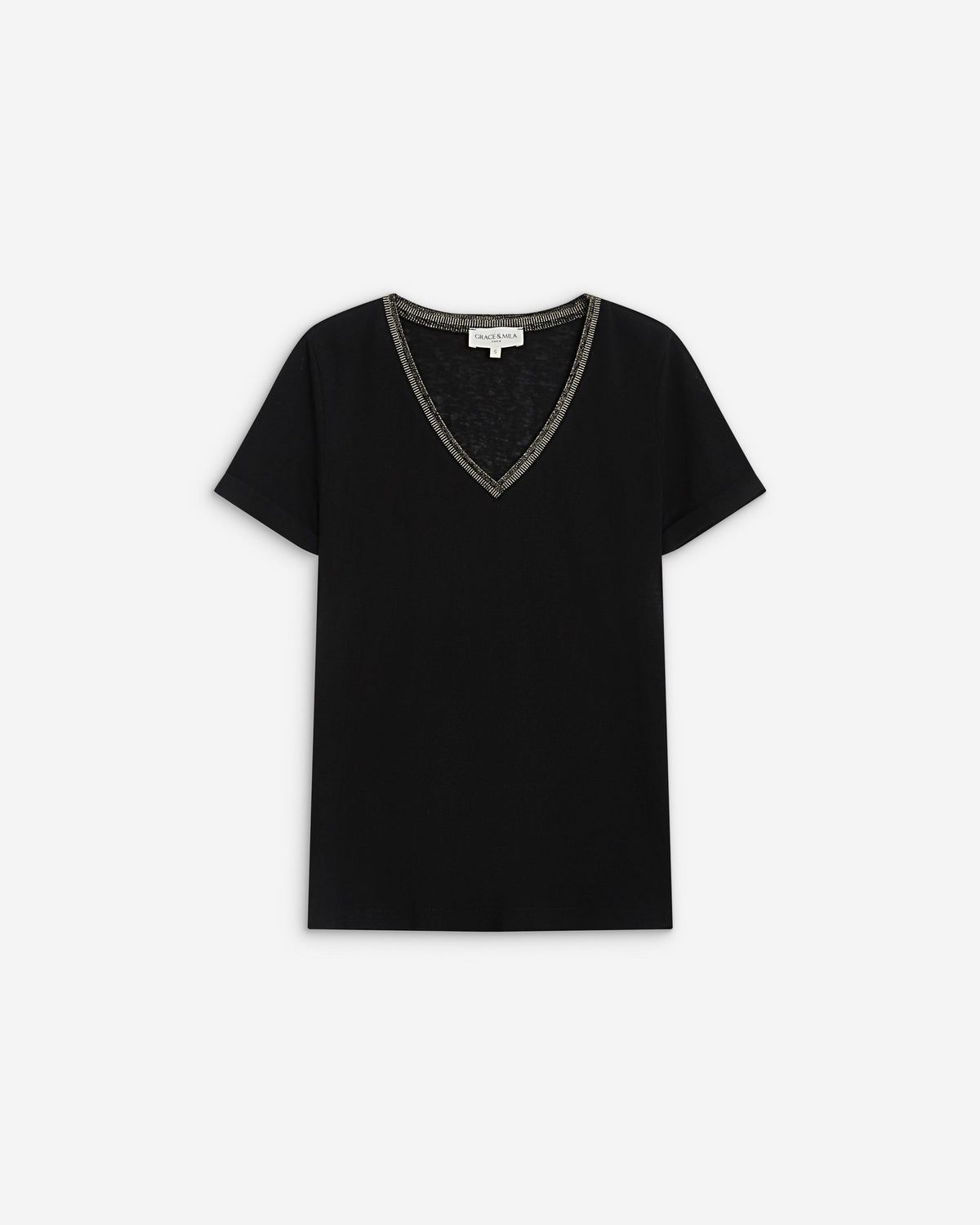 T-shirt manches courtes col V contrasté noir Aurelien