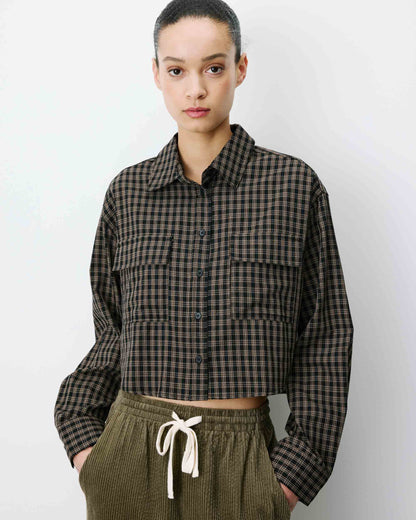 Chemise courte oversize en coton à carreaux noir Azelle