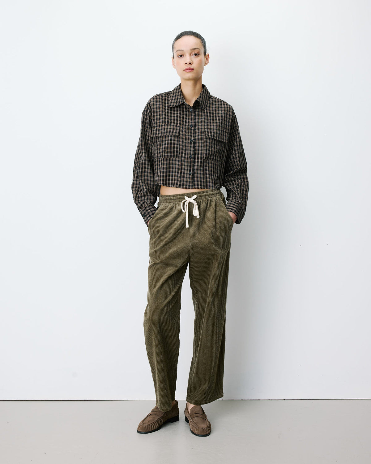 Chemise courte oversize en coton à carreaux noir Azelle