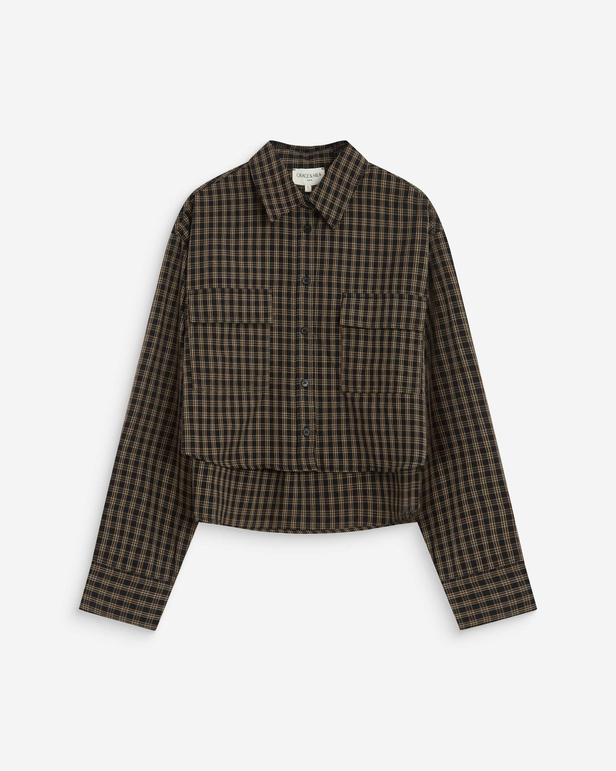 Chemise courte oversize en coton à carreaux noir Azelle