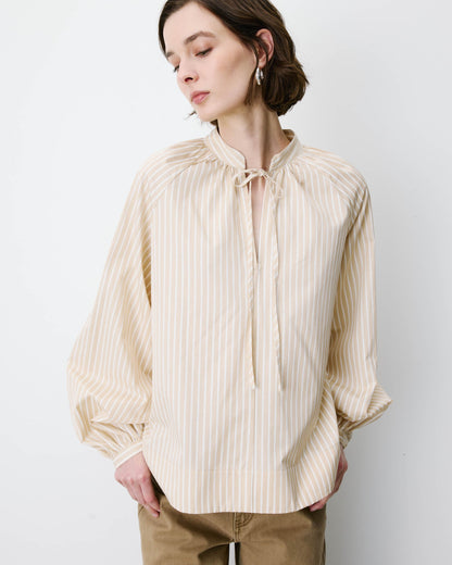 Blouse à rayures col mao à nouer beige Albane
