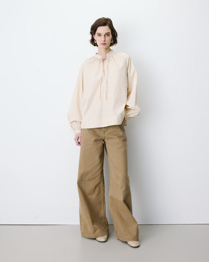Blouse à rayures col mao à nouer beige Albane