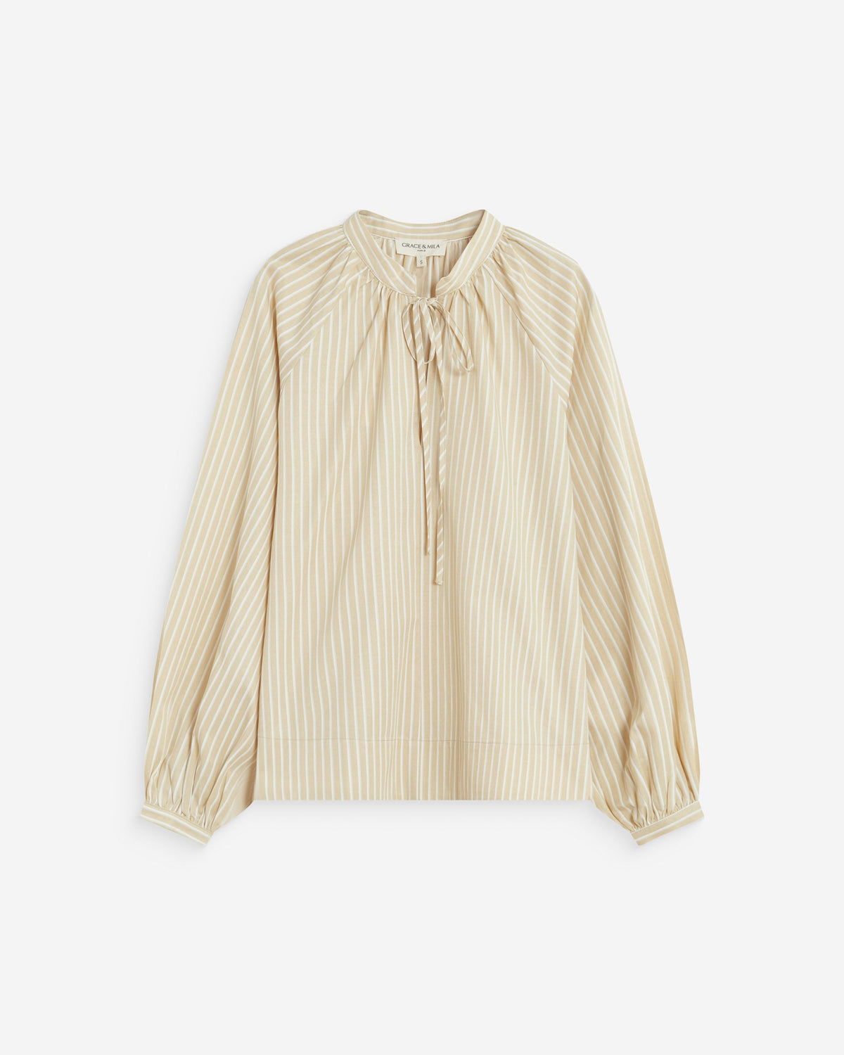 Blouse à rayures col mao à nouer beige Albane