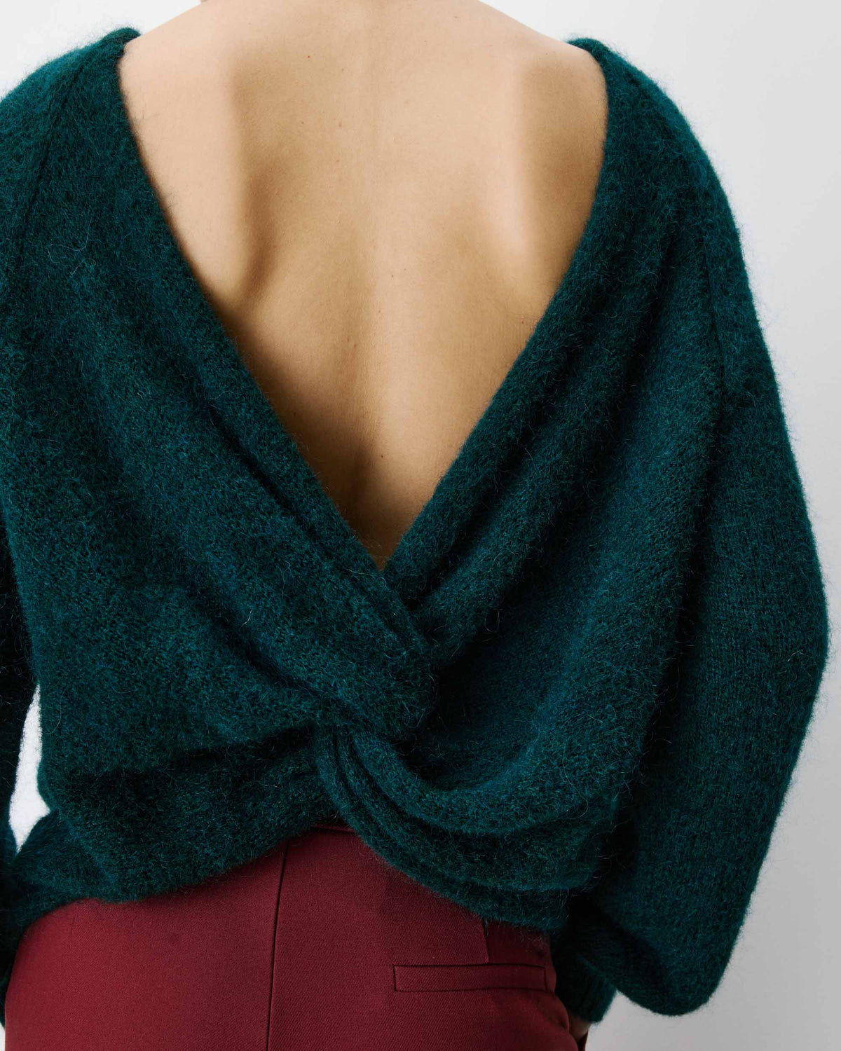 Pull ample en maille dos nu croisé emeraude Anthemis