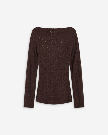 Top en dentelle drapé col bateau chocolat Avoine