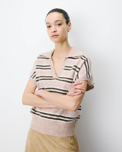 Pull rayé oversize col polo beige Aizen