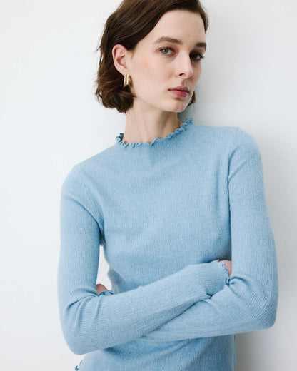 Pull ajusté en maille fine col montant bleuet Alino