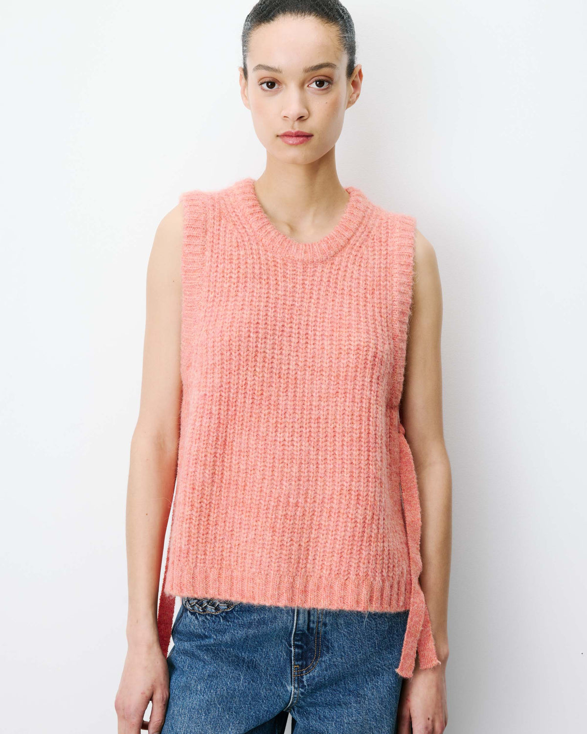Pull sans manches en maille à nouer peche Argan