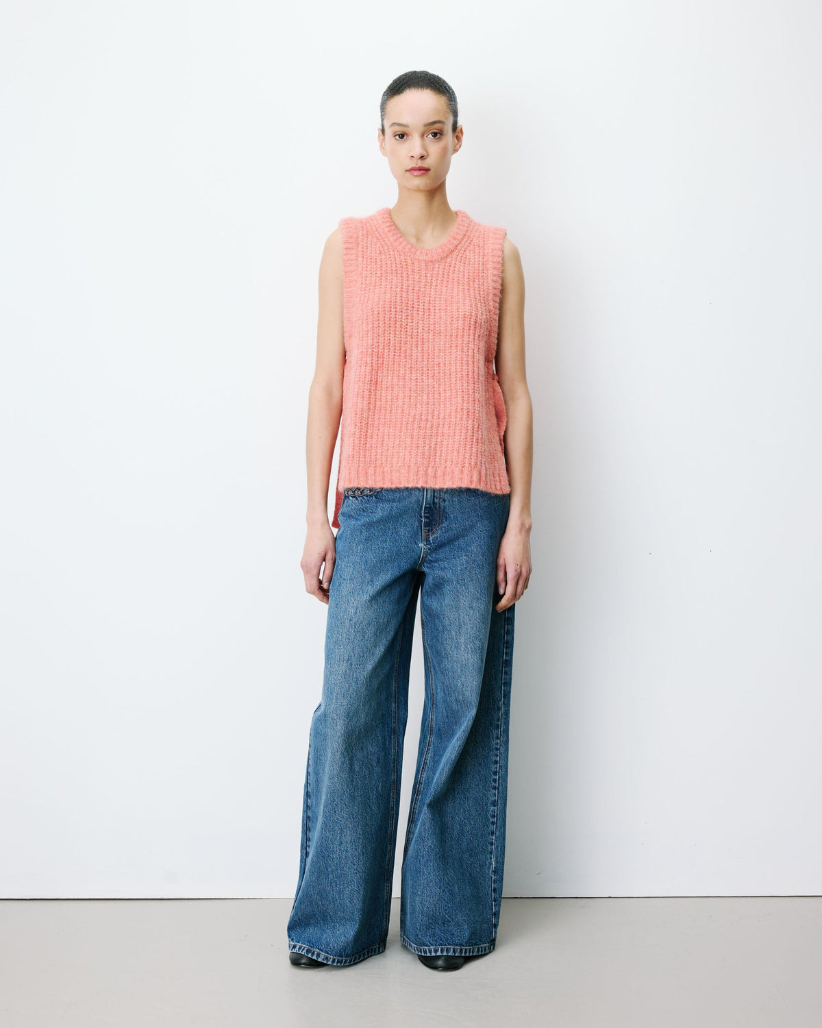 Pull sans manches en maille à nouer peche Argan
