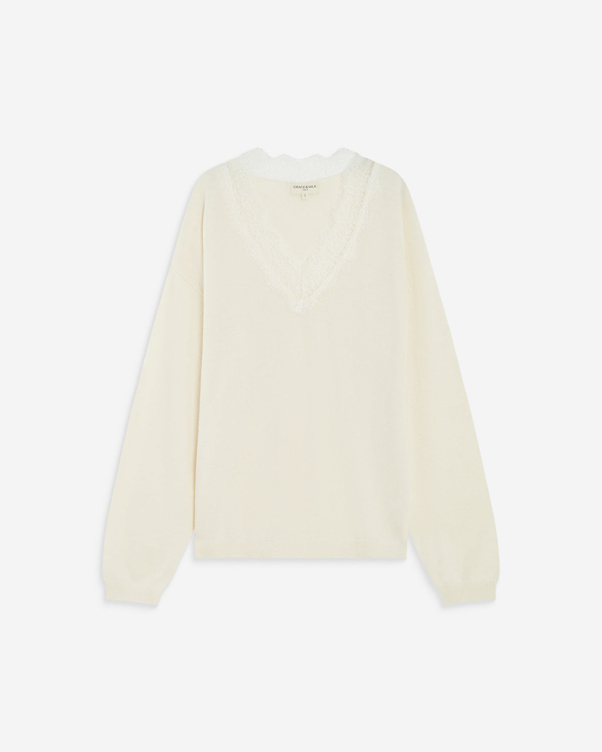 Pull en maille à col V en dentelle ecru Augustin