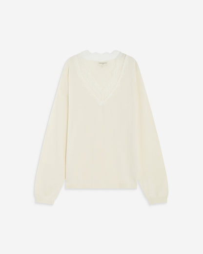 Pull en maille à col V en dentelle ecru Augustin