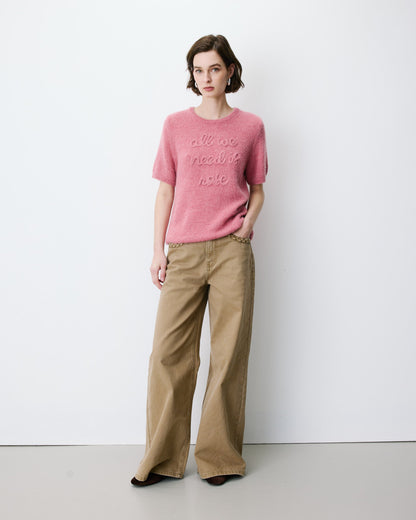 Pull manches courtes à message brodé blush Austyn