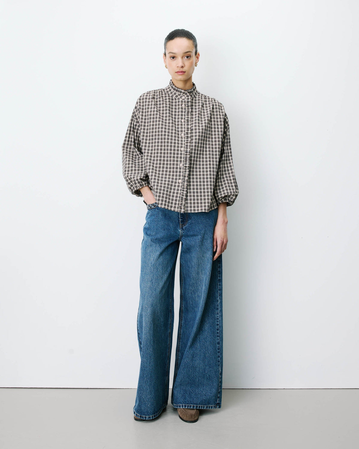 Blouse à carreaux manches bouffantes latte Adelie