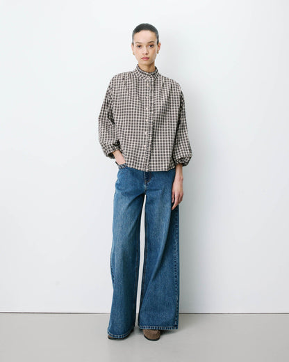 Blouse à carreaux manches bouffantes latte Adelie