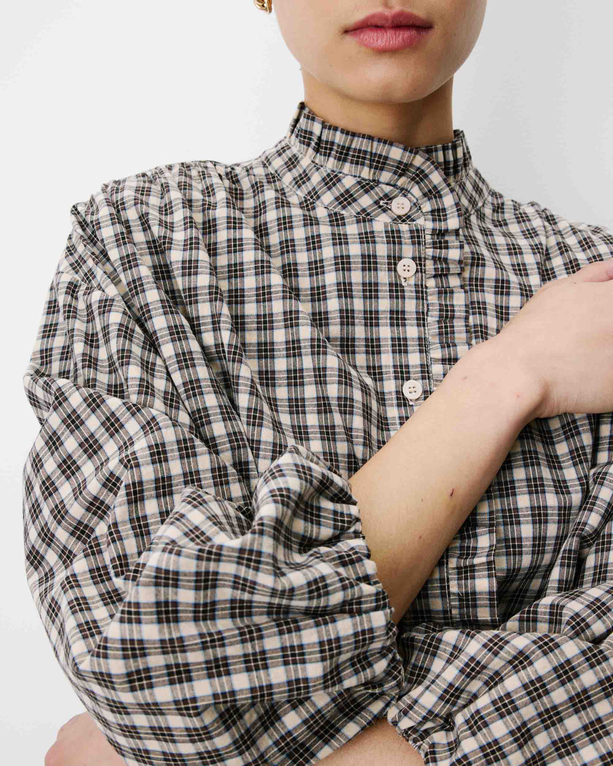 Blouse à carreaux manches bouffantes latte Adelie