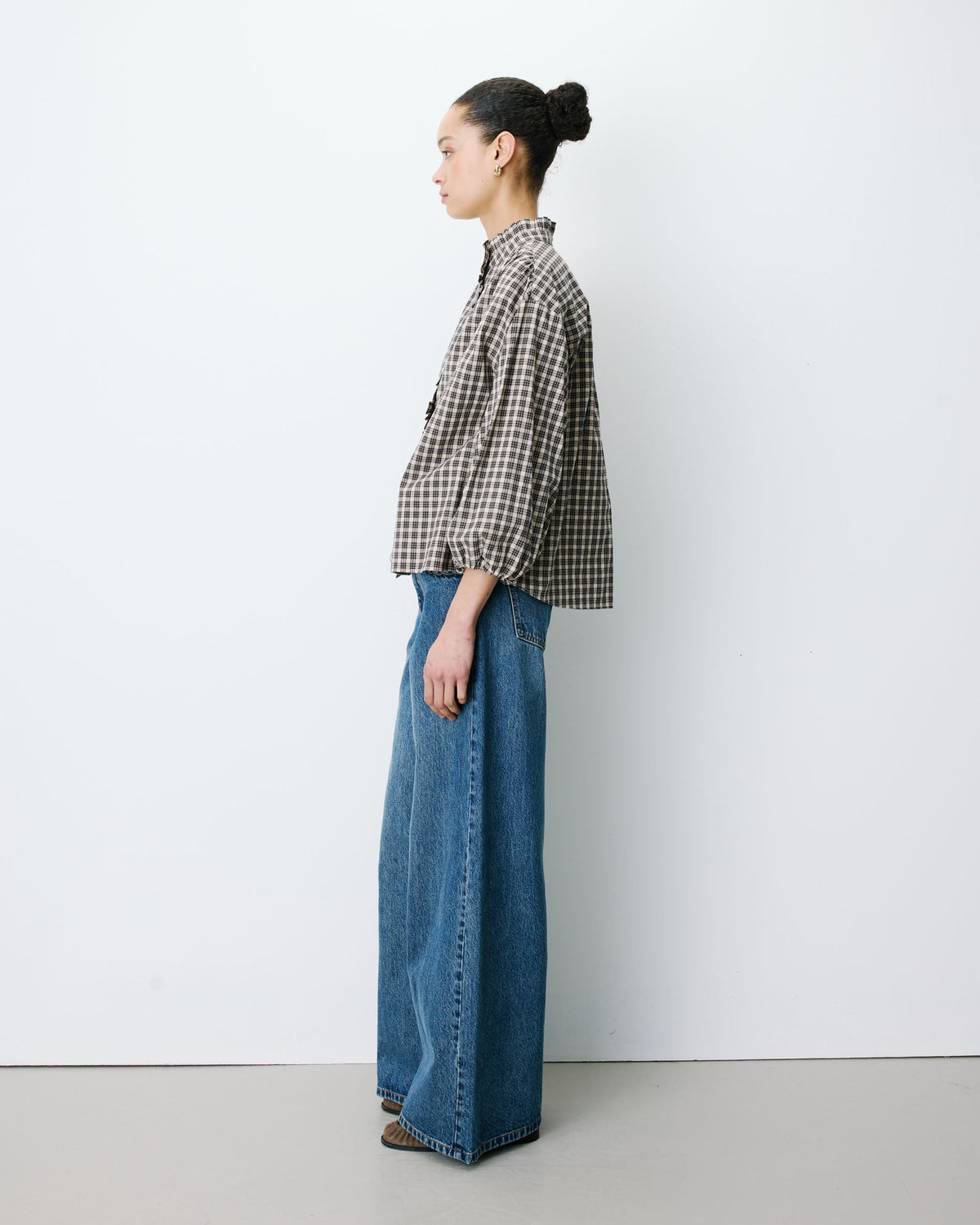 Blouse à carreaux manches bouffantes latte Adelie