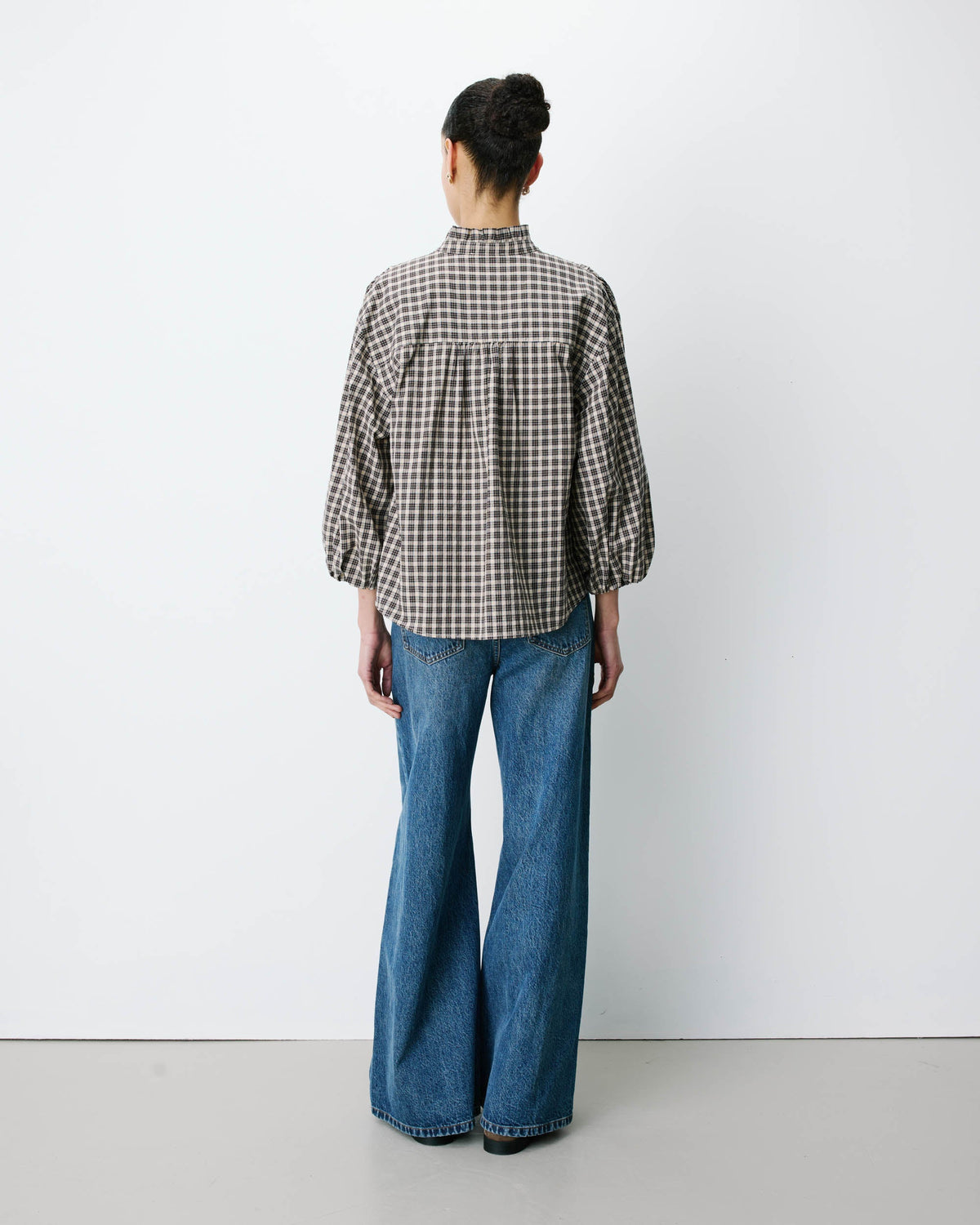 Blouse à carreaux manches bouffantes latte Adelie