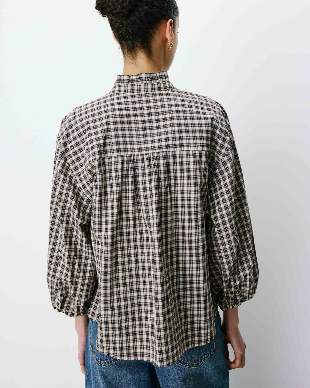 Blouse à carreaux manches bouffantes latte Adelie