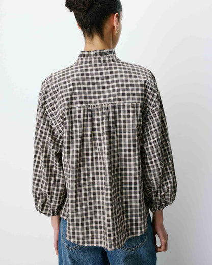 Blouse à carreaux manches bouffantes latte Adelie