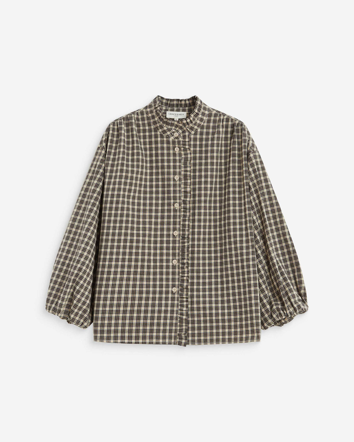 Blouse à carreaux manches bouffantes latte Adelie