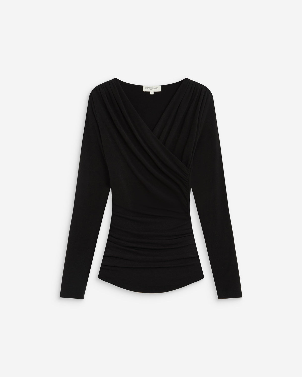Top froncé col V croisé manches longues noir Azul